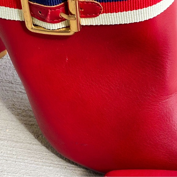 Red Faux Leather Ankle Booties with Grosgrain Buckle Trim - Picture 8 of 9